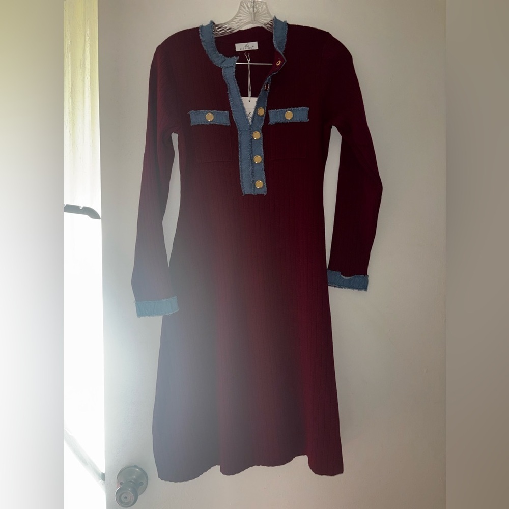 Burgundy Dress with Blue Accents - Picture 2 of 3